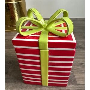 Sleigh Bell Bistro Christmas Box Cookie Jar Ceramic Red White Stripes W/ 3D Bow‎